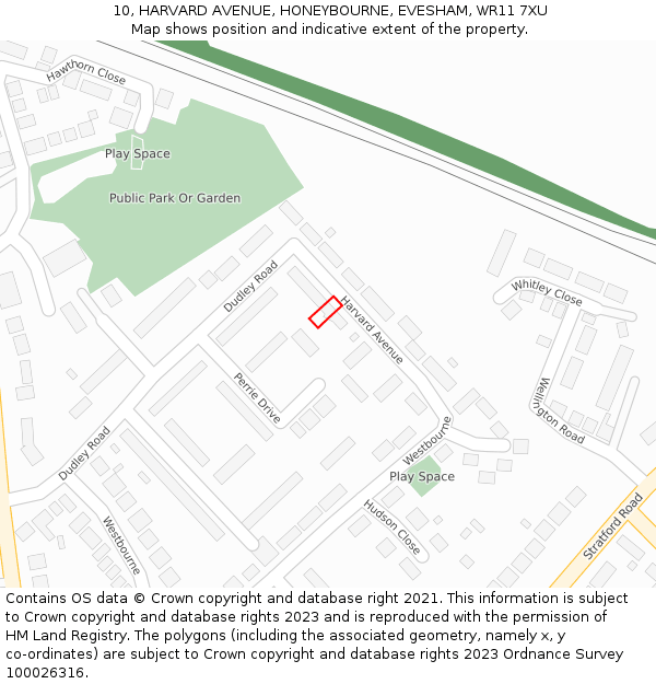 10, HARVARD AVENUE, HONEYBOURNE, EVESHAM, WR11 7XU: Location map and indicative extent of plot