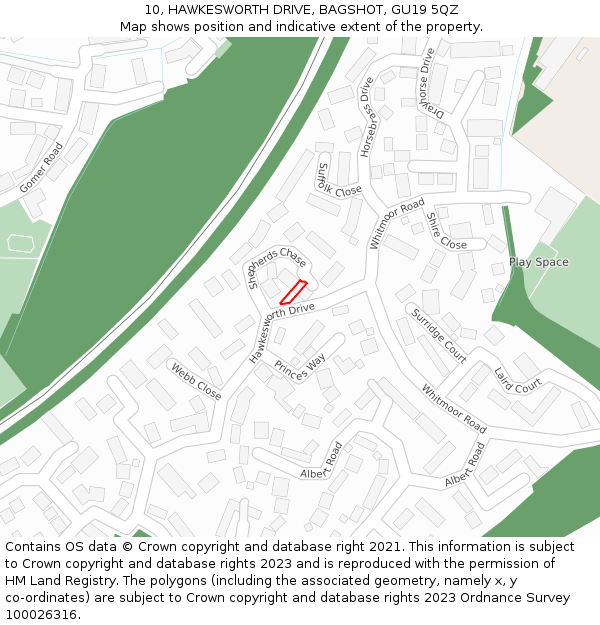 10, HAWKESWORTH DRIVE, BAGSHOT, GU19 5QZ: Location map and indicative extent of plot