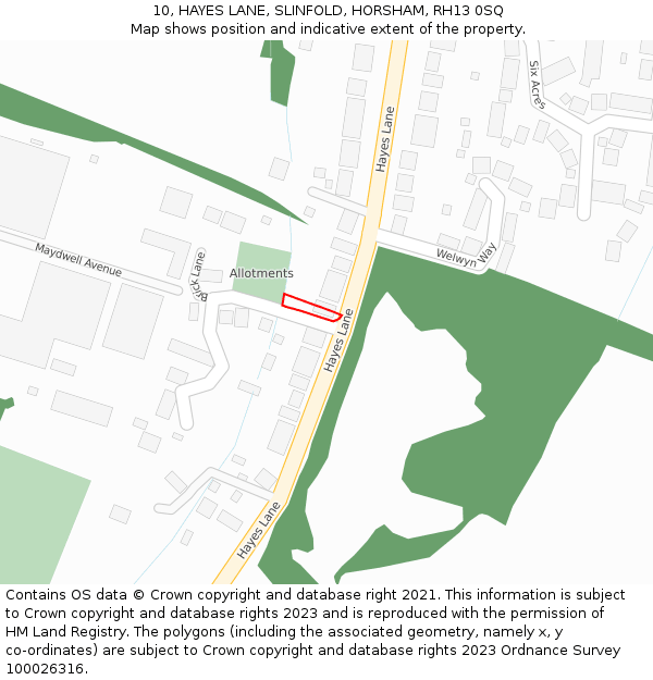 10, HAYES LANE, SLINFOLD, HORSHAM, RH13 0SQ: Location map and indicative extent of plot