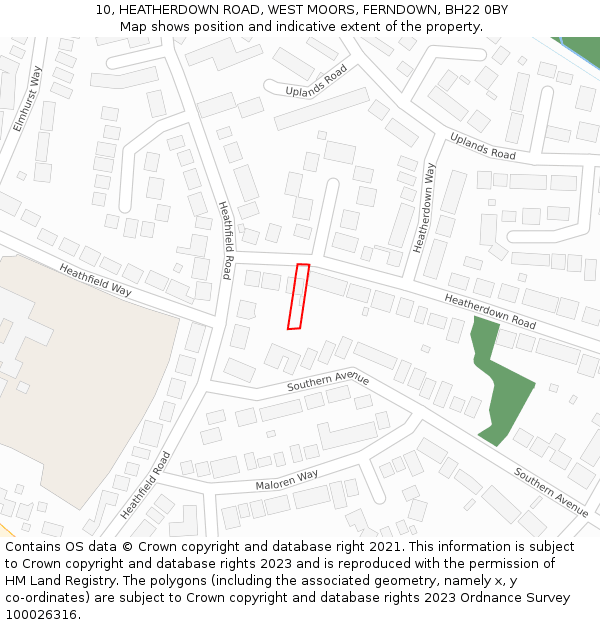 10, HEATHERDOWN ROAD, WEST MOORS, FERNDOWN, BH22 0BY: Location map and indicative extent of plot