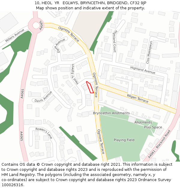 10, HEOL  YR   EGLWYS, BRYNCETHIN, BRIDGEND, CF32 9JP: Location map and indicative extent of plot