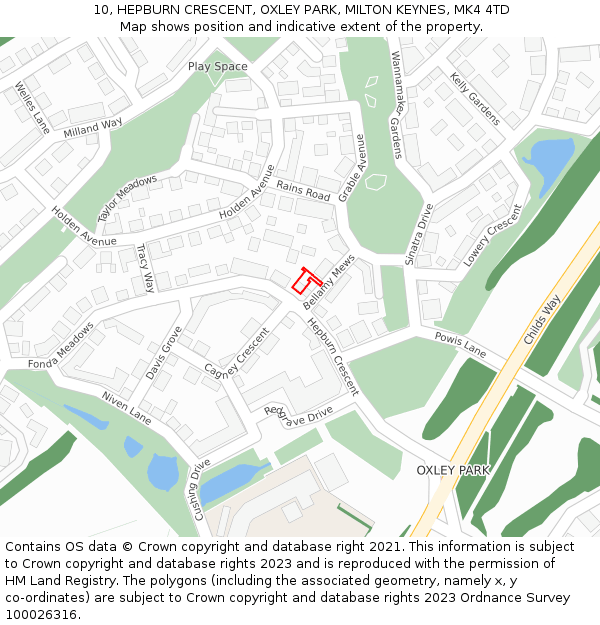 10, HEPBURN CRESCENT, OXLEY PARK, MILTON KEYNES, MK4 4TD: Location map and indicative extent of plot