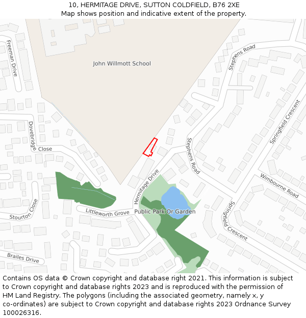 10, HERMITAGE DRIVE, SUTTON COLDFIELD, B76 2XE: Location map and indicative extent of plot