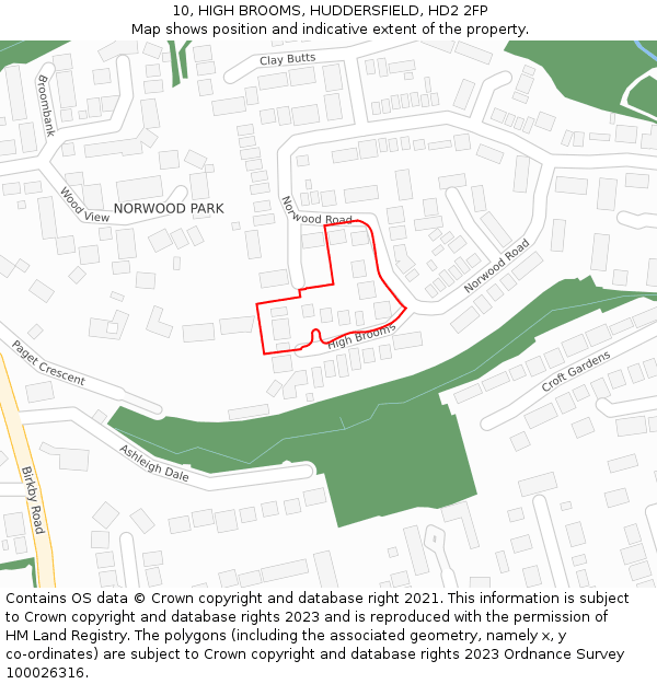 10, HIGH BROOMS, HUDDERSFIELD, HD2 2FP: Location map and indicative extent of plot