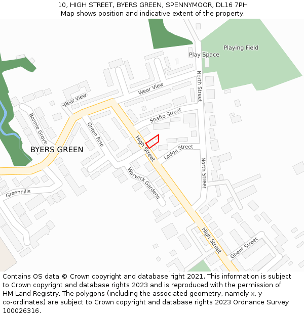 10, HIGH STREET, BYERS GREEN, SPENNYMOOR, DL16 7PH: Location map and indicative extent of plot