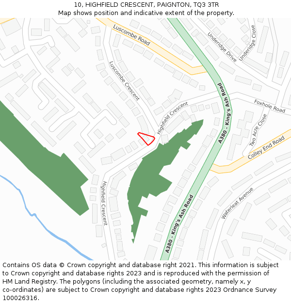 10, HIGHFIELD CRESCENT, PAIGNTON, TQ3 3TR: Location map and indicative extent of plot