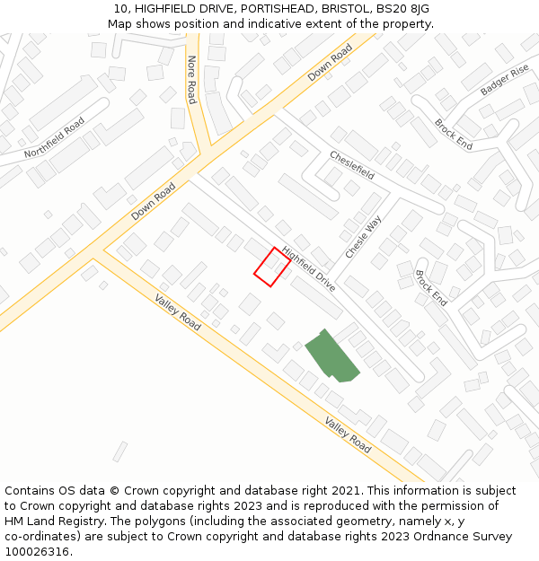 10, HIGHFIELD DRIVE, PORTISHEAD, BRISTOL, BS20 8JG: Location map and indicative extent of plot