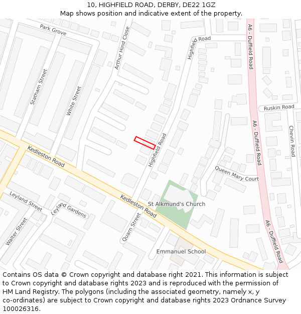 10, HIGHFIELD ROAD, DERBY, DE22 1GZ: Location map and indicative extent of plot