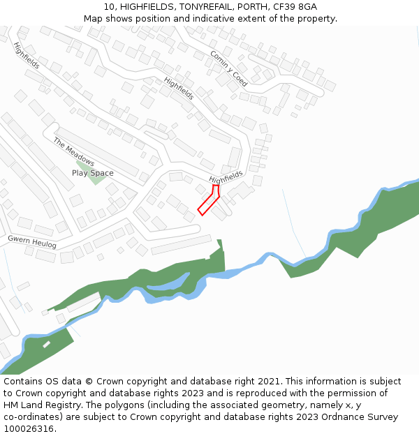 10, HIGHFIELDS, TONYREFAIL, PORTH, CF39 8GA: Location map and indicative extent of plot