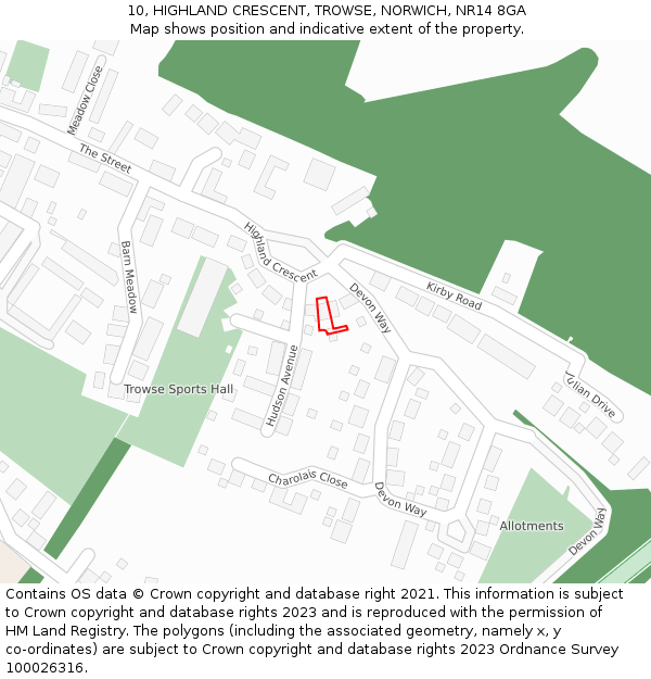 10, HIGHLAND CRESCENT, TROWSE, NORWICH, NR14 8GA: Location map and indicative extent of plot