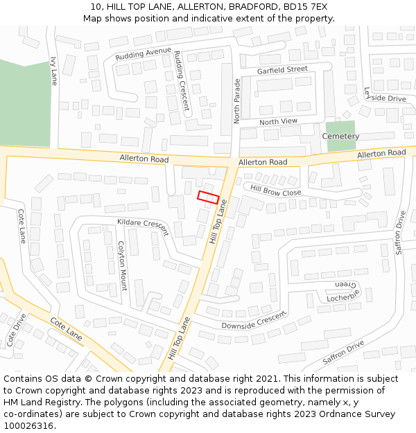 10, HILL TOP LANE, ALLERTON, BRADFORD, BD15 7EX: Location map and indicative extent of plot