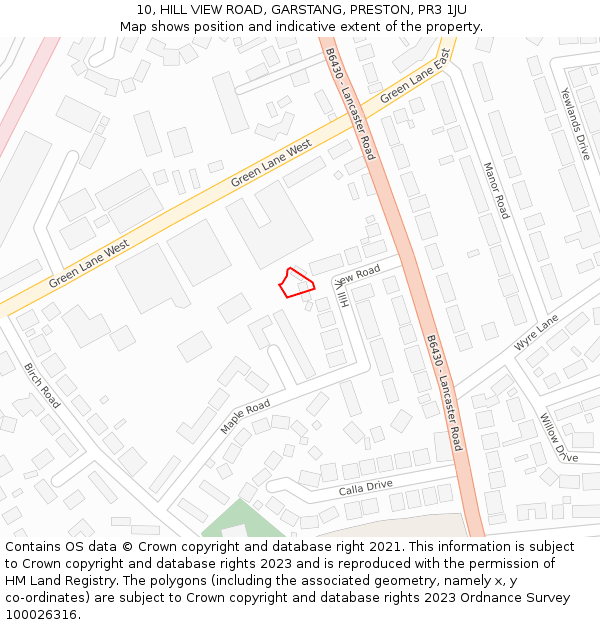 10, HILL VIEW ROAD, GARSTANG, PRESTON, PR3 1JU: Location map and indicative extent of plot