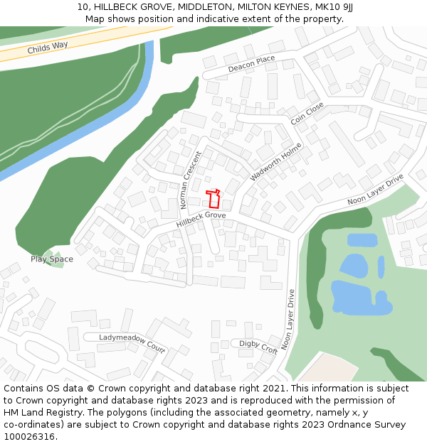 10, HILLBECK GROVE, MIDDLETON, MILTON KEYNES, MK10 9JJ: Location map and indicative extent of plot