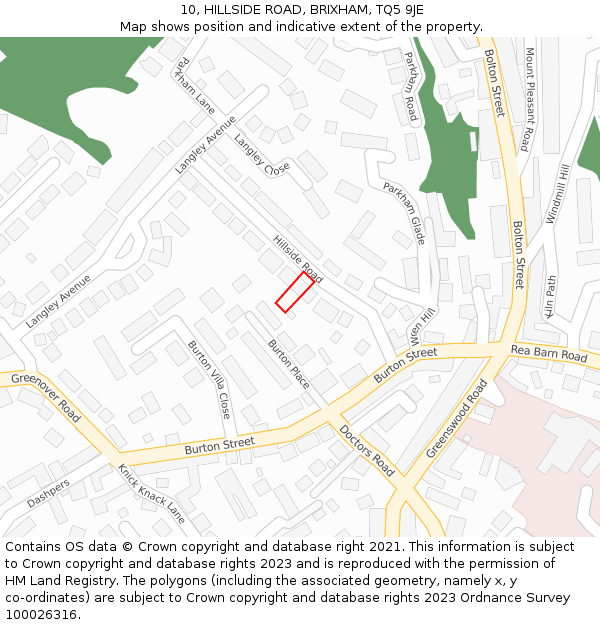 10, HILLSIDE ROAD, BRIXHAM, TQ5 9JE: Location map and indicative extent of plot