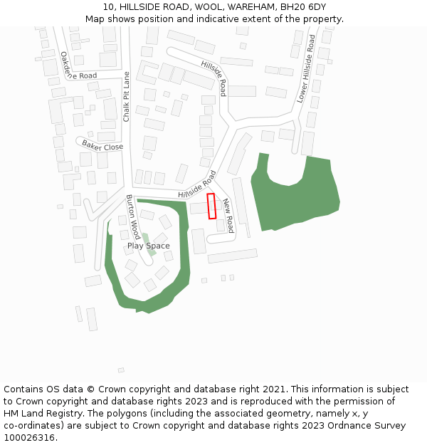 10, HILLSIDE ROAD, WOOL, WAREHAM, BH20 6DY: Location map and indicative extent of plot