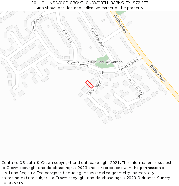 10, HOLLINS WOOD GROVE, CUDWORTH, BARNSLEY, S72 8TB: Location map and indicative extent of plot