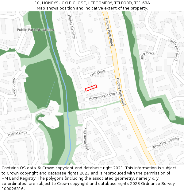 10, HONEYSUCKLE CLOSE, LEEGOMERY, TELFORD, TF1 6RA: Location map and indicative extent of plot