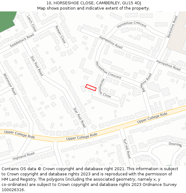 10, HORSESHOE CLOSE, CAMBERLEY, GU15 4DJ: Location map and indicative extent of plot