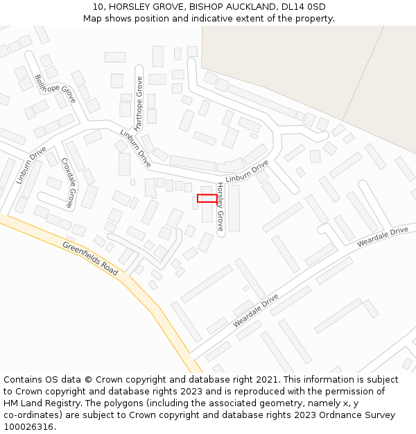 10, HORSLEY GROVE, BISHOP AUCKLAND, DL14 0SD: Location map and indicative extent of plot