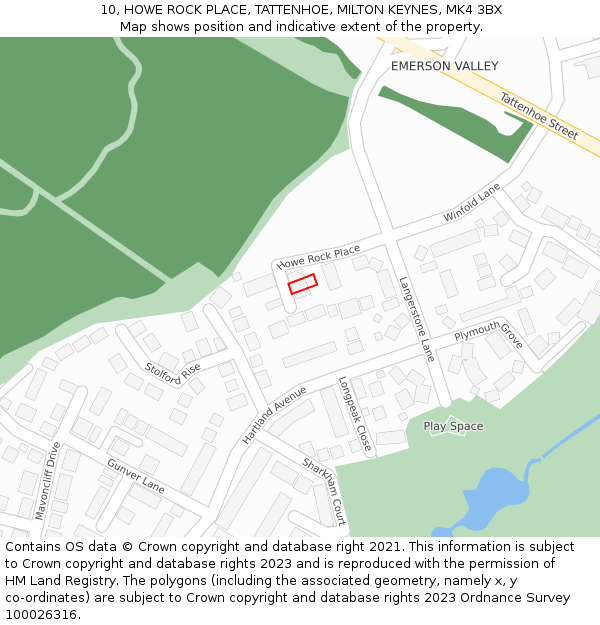 10, HOWE ROCK PLACE, TATTENHOE, MILTON KEYNES, MK4 3BX: Location map and indicative extent of plot