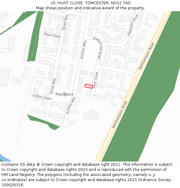 10, HUNT CLOSE, TOWCESTER, NN12 7AD: Location map and indicative extent of plot