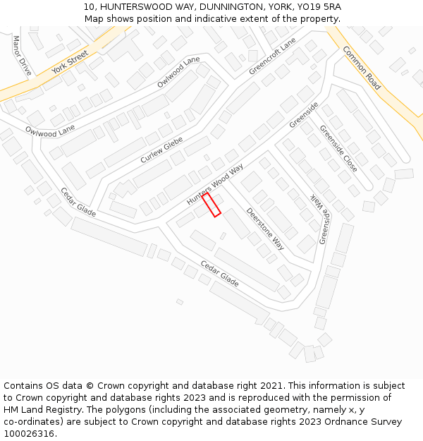 10, HUNTERSWOOD WAY, DUNNINGTON, YORK, YO19 5RA: Location map and indicative extent of plot