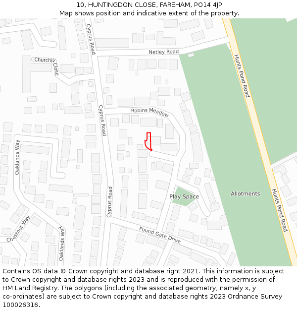 10, HUNTINGDON CLOSE, FAREHAM, PO14 4JP: Location map and indicative extent of plot