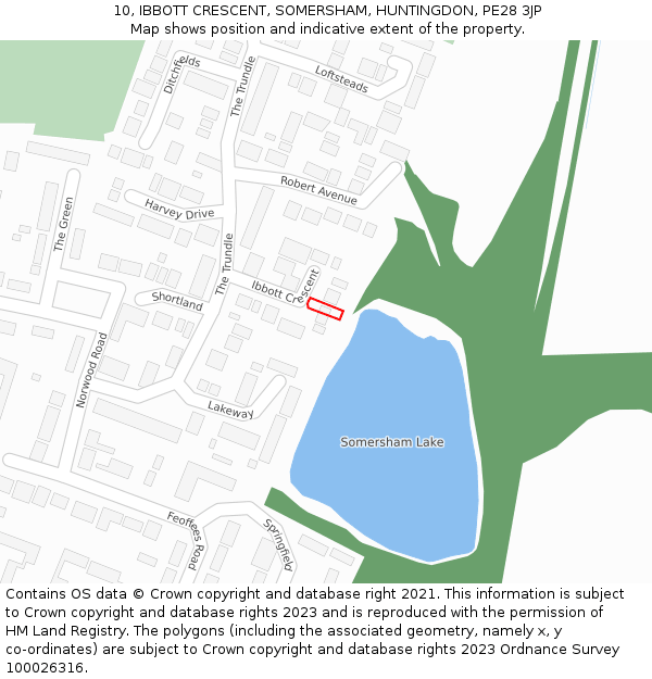 10, IBBOTT CRESCENT, SOMERSHAM, HUNTINGDON, PE28 3JP: Location map and indicative extent of plot