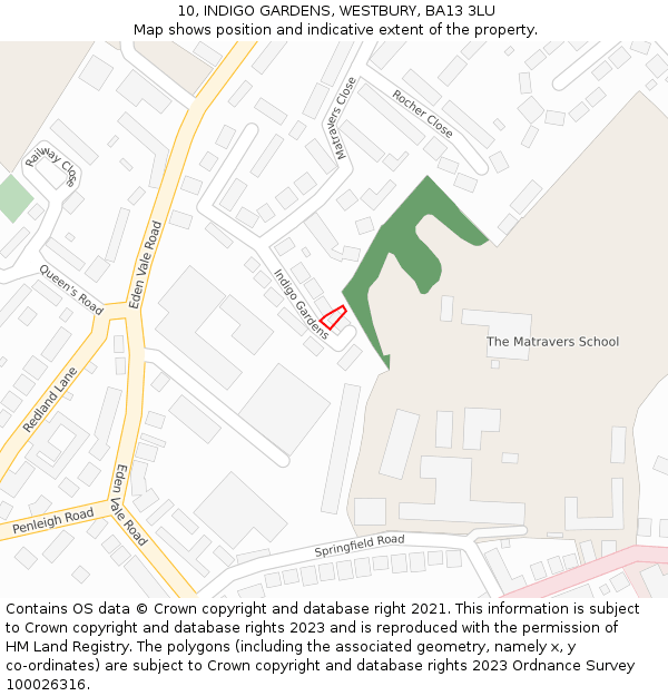 10, INDIGO GARDENS, WESTBURY, BA13 3LU: Location map and indicative extent of plot