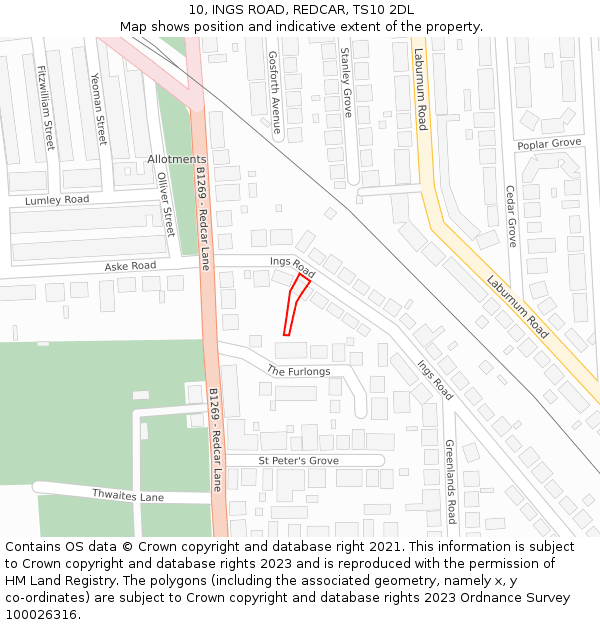 10, INGS ROAD, REDCAR, TS10 2DL: Location map and indicative extent of plot