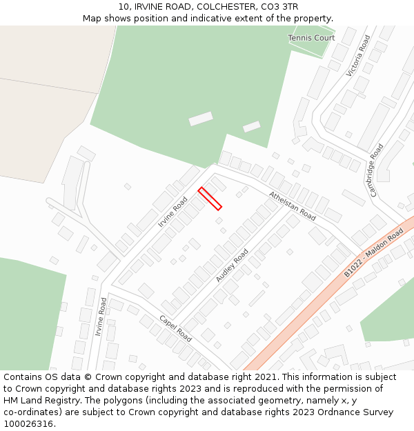 10, IRVINE ROAD, COLCHESTER, CO3 3TR: Location map and indicative extent of plot