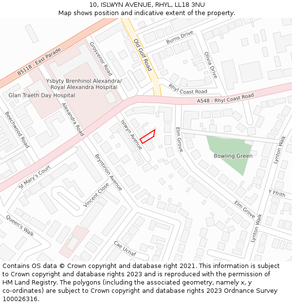 10, ISLWYN AVENUE, RHYL, LL18 3NU: Location map and indicative extent of plot