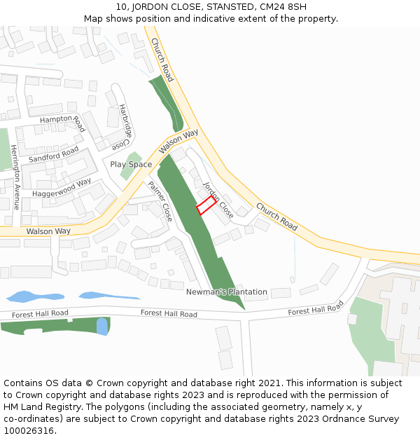 10, JORDON CLOSE, STANSTED, CM24 8SH: Location map and indicative extent of plot