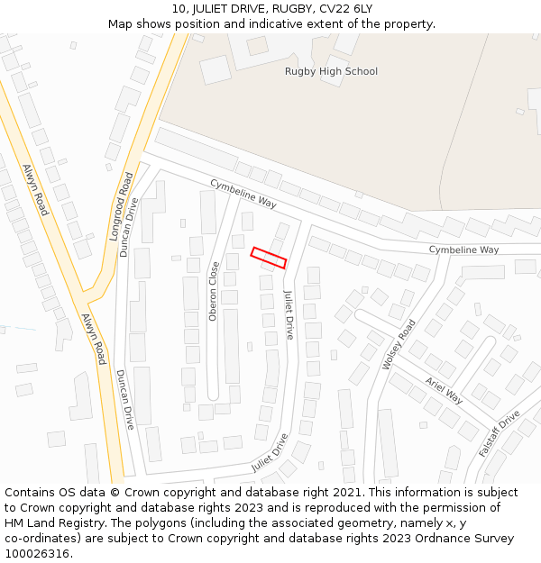 10, JULIET DRIVE, RUGBY, CV22 6LY: Location map and indicative extent of plot