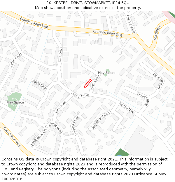 10, KESTREL DRIVE, STOWMARKET, IP14 5QU: Location map and indicative extent of plot