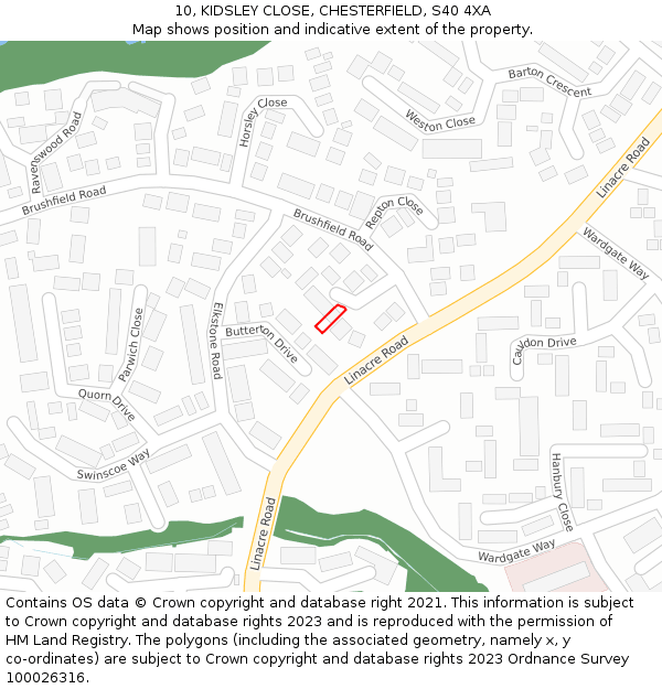 10, KIDSLEY CLOSE, CHESTERFIELD, S40 4XA: Location map and indicative extent of plot