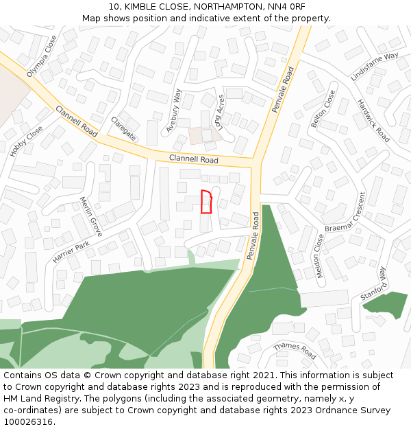 10, KIMBLE CLOSE, NORTHAMPTON, NN4 0RF: Location map and indicative extent of plot