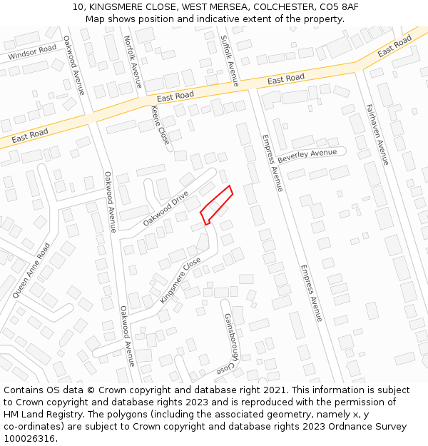 10, KINGSMERE CLOSE, WEST MERSEA, COLCHESTER, CO5 8AF: Location map and indicative extent of plot
