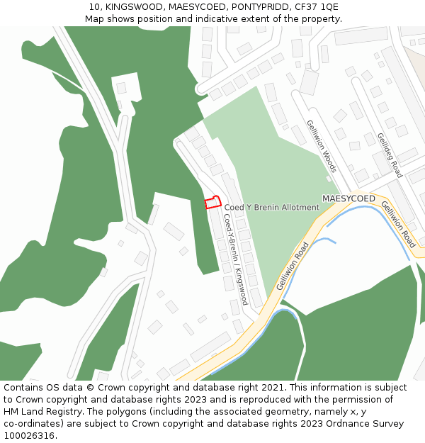 10, KINGSWOOD, MAESYCOED, PONTYPRIDD, CF37 1QE: Location map and indicative extent of plot