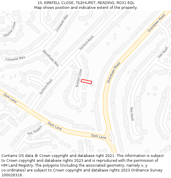 10, KIRKFELL CLOSE, TILEHURST, READING, RG31 6QL: Location map and indicative extent of plot