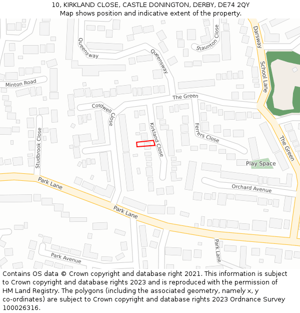 10, KIRKLAND CLOSE, CASTLE DONINGTON, DERBY, DE74 2QY: Location map and indicative extent of plot