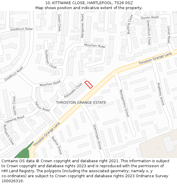 10, KITTIWAKE CLOSE, HARTLEPOOL, TS26 0SZ: Location map and indicative extent of plot