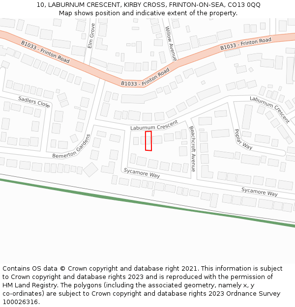 10, LABURNUM CRESCENT, KIRBY CROSS, FRINTON-ON-SEA, CO13 0QQ: Location map and indicative extent of plot