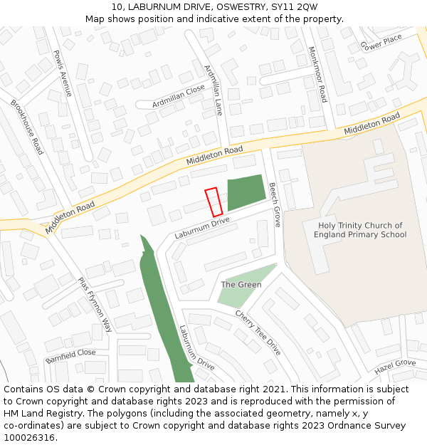 10, LABURNUM DRIVE, OSWESTRY, SY11 2QW: Location map and indicative extent of plot