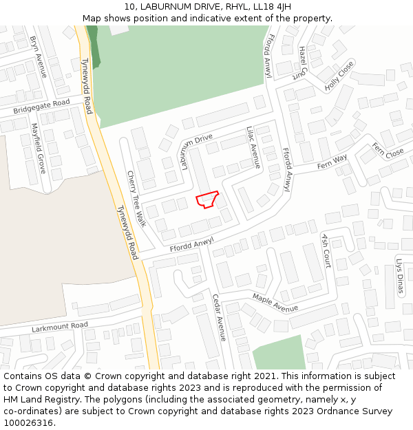 10, LABURNUM DRIVE, RHYL, LL18 4JH: Location map and indicative extent of plot