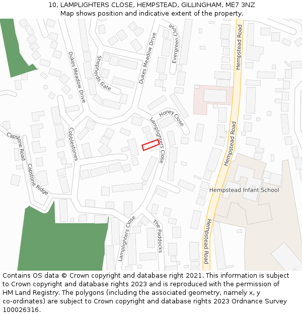 10, LAMPLIGHTERS CLOSE, HEMPSTEAD, GILLINGHAM, ME7 3NZ: Location map and indicative extent of plot