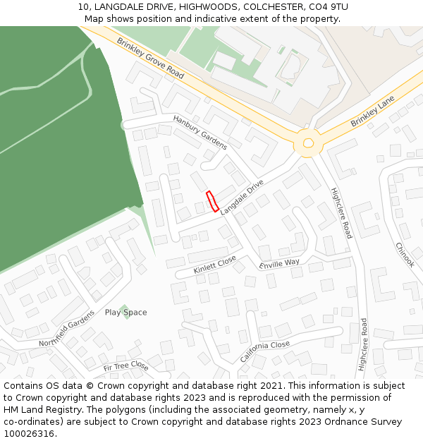 10, LANGDALE DRIVE, HIGHWOODS, COLCHESTER, CO4 9TU: Location map and indicative extent of plot