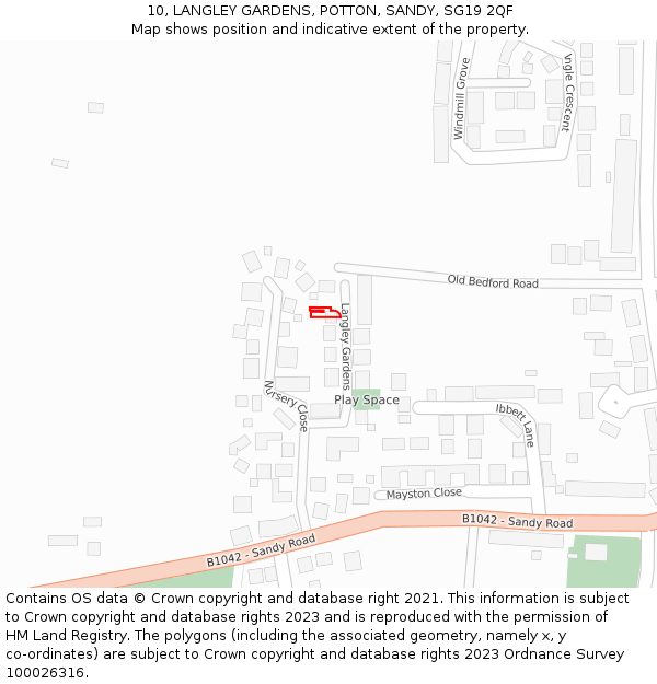 10, LANGLEY GARDENS, POTTON, SANDY, SG19 2QF: Location map and indicative extent of plot