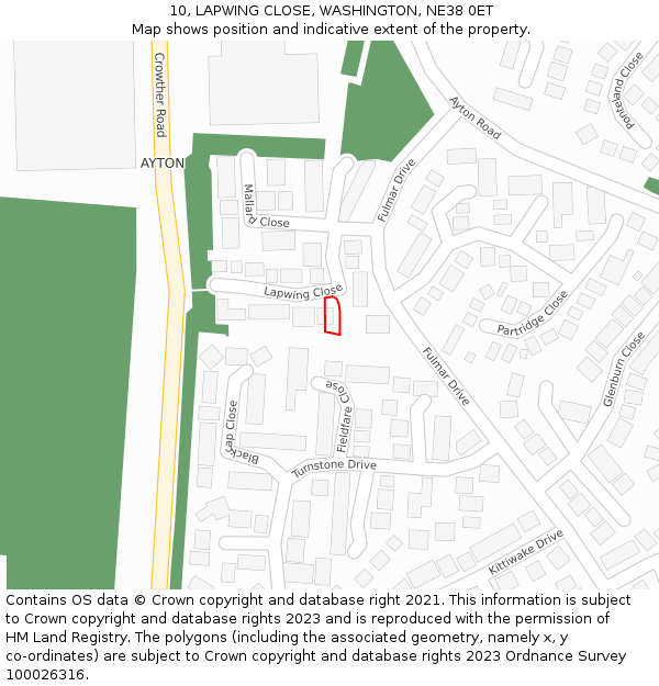 10, LAPWING CLOSE, WASHINGTON, NE38 0ET: Location map and indicative extent of plot