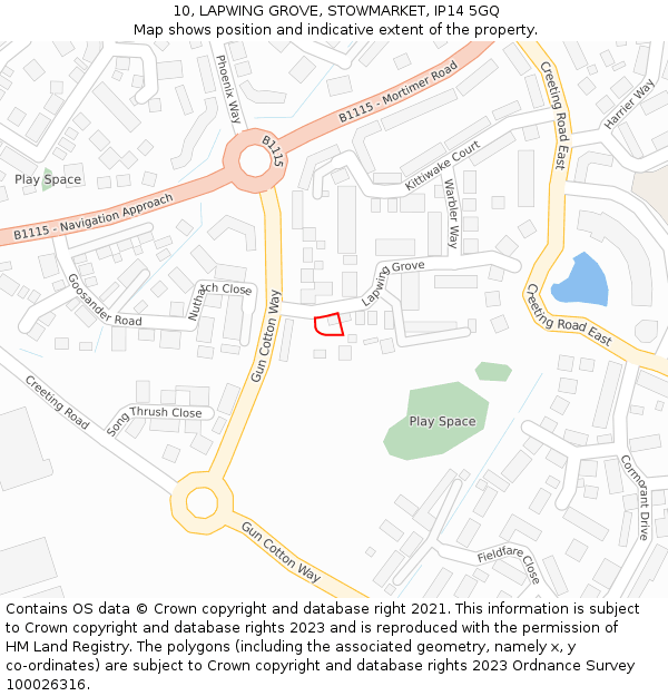 10, LAPWING GROVE, STOWMARKET, IP14 5GQ: Location map and indicative extent of plot